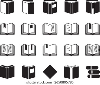 Coleção de ícones simples do livro preto e branco que retratam materiais de leitura e literatura em várias posas e estilos