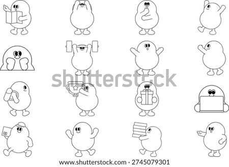Collection of simple, black and white cartoon characters holding various objects