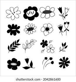 Collection of simple black and white doodle flower designs.