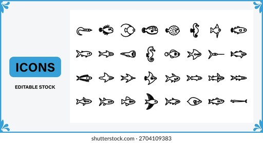 Colección de simples iconos de pescado blanco y negro Ilustración vectorial