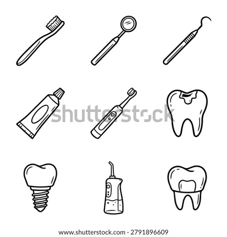 A collection of simple black and white hand-drawn icons representing dental hygiene and care items.