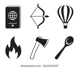 A collection of simple, black and white icons representing various travel and adventure activities.
