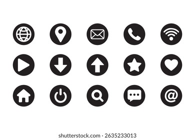 A collection of simple, black and white icons representing common web and app functions.