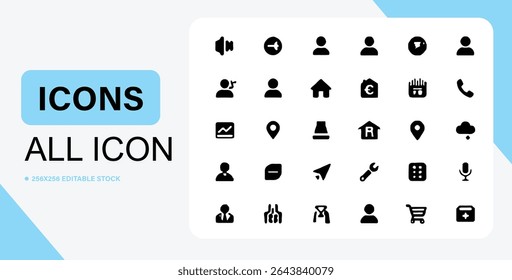 A collection of simple, black and white icons, displayed on a white rounded corner background, suitable for web or app design.