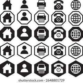 Coleção de ícones simples em preto e branco Página inicial, usuário, impressora, telefone e globo