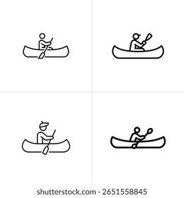 Coleção de ícones simples em preto e branco que mostra uma pessoa remando uma canoa. Os ícones apresentam uma figura de bastão remo, usando um remo para navegar a embarcação.