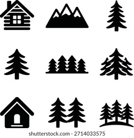 Colección de íconos simples en blanco y negro que representan una cabaña, montañas y varios pinos.