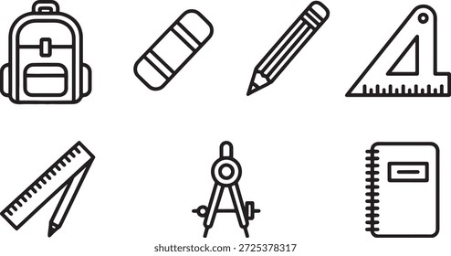 Coleção de ícones simples em preto e branco que representam vários materiais escolares, incluindo mochila, borracha, lápis, régua, bússola e caderno em um fundo branco que simboliza a educação.
