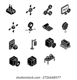 Colección de íconos simples en blanco y negro que representan varios dispositivos tecnológicos y equipos de oficina que se muestran sobre un fondo blanco limpio desde un punto de vista directo