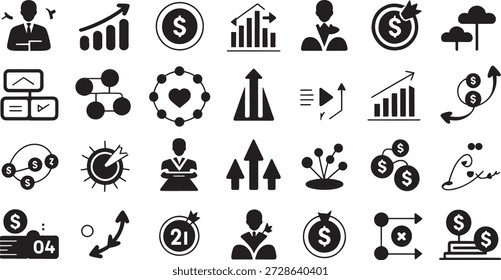 Collection of simple black and white icons depicting business and financial concepts such as growth, success, and profit for use in various commercial applications and presentations.