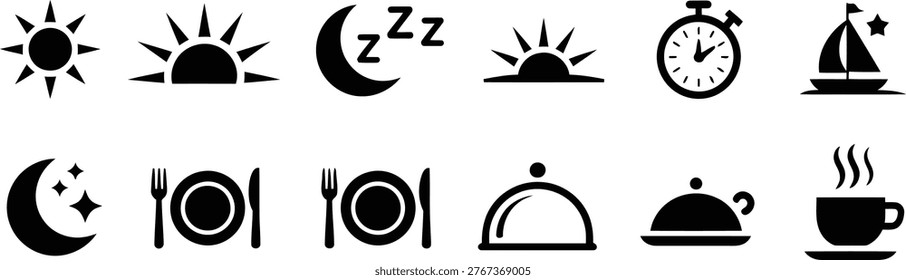 A collection of simple, black and white icons depicting sun, moon, sleep, meals, and related concepts.