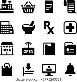 Collection of Simple Black and White Icons Representing Business Office and Service Industry Symbols