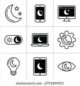 A collection of simple black and white icons representing night mode settings for various digital devices and interfaces.