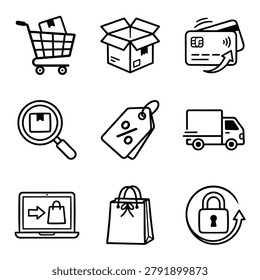 A collection of simple black and white icons representing various aspects of online shopping and e-commerce.