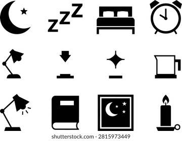 A collection of simple black and white icons representing nighttime and bedtime activities. Ideal for sleep wellness relaxation content or illustrating nocturnal routines.