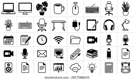 A collection of simple, black and white icons representing various office and technology items. Includes computers, plants, office supplies, and communication devices.