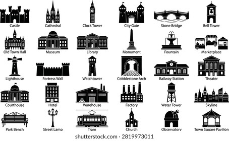 Collection of simple black and white icons representing various architectural structures and city landmarks for design elements