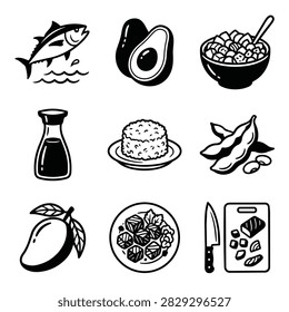 A collection of simple black and white icons representing Japanese food ingredients and dishes including fish avocado rice soy sauce mango and more