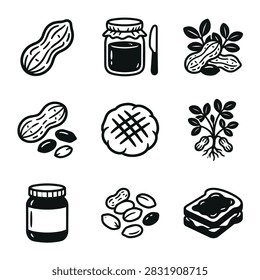 A collection of simple black and white icons representing peanut butter jars, peanuts, and peanut butter sandwiches.