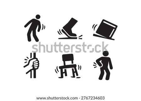 A collection of simple black and white icons illustrating common physical sensations like shaking impacts pain and instability perfect for warnings or instructional designs.