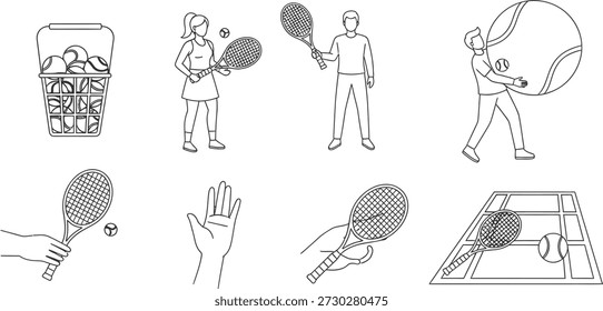 A collection of simple black and white illustrations showcasing various aspects of tennis, including a basket full of tennis balls, players holding rackets, a person serving, and different grips on the racket.