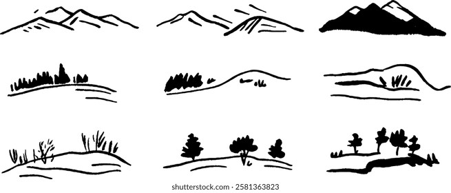 A collection of simple black and white landscape sketches featuring mountains, hills, and trees. The designs vary in style and composition, showcasing natural scenery.