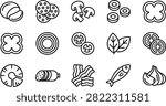 A collection of simple black and white line art pizza topping icons featuring various food ingredients on white.