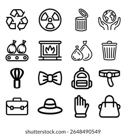 A collection of simple, black and white line art icons representing various concepts including recycling, radiation, waste, environmental care, and everyday objects like bags, a fireplace, and accesso