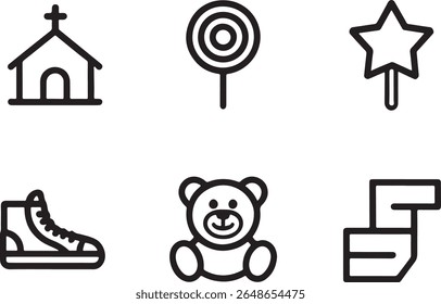 Collection of Simple Black and White Line Art Icons Depicting a Church, Lollipop, Star, Shoe, Teddy Bear, and Document