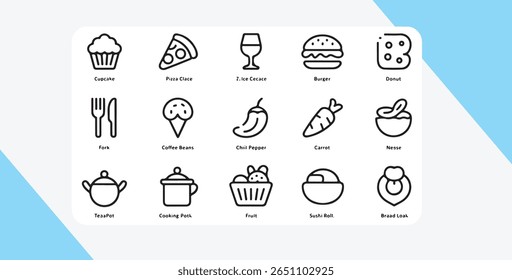 Eine Sammlung von einfachen schwarz-weißen Linien Art Icons, die verschiedene Speisen und Getränke auf weißem Hintergrund mit einem blauen geometrischen Muster.