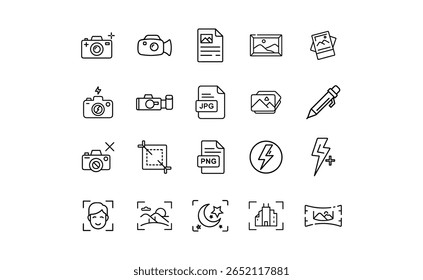 Uma coleção de ícones de arte de linha simples, em preto e branco relacionados a fotografia, incluindo câmeras, arquivos de imagem e ferramentas de edição.