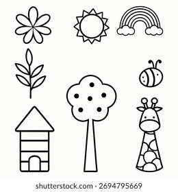 A collection of simple black and white line drawings on a white background