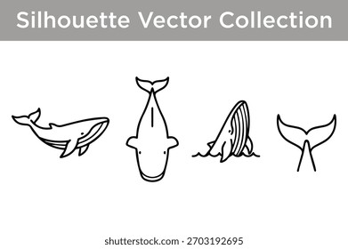 A collection of simple, black and white line art silhouettes of whales in various poses.