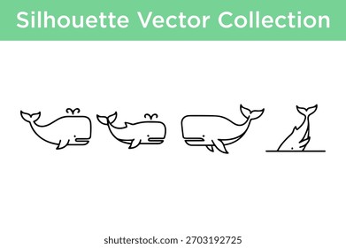 A collection of simple, black and white line art silhouettes of whales in various poses.