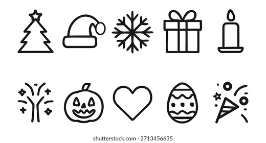 A collection of simple, black and white line art icons representing various holidays and celebrations, including Christmas, Halloween, and Easter.
