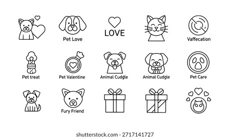 Una colección de simples iconos de línea en blanco y negro relacionados con las mascotas y el amor. El conjunto incluye perros, gatos, corazones, golosinas y regalos, aislados sobre un fondo blanco.
