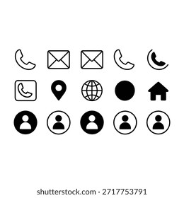 Una colección de íconos de línea simples, en blanco y negro que representan varios métodos de contacto y comunicación, incluido el teléfono, el correo electrónico, el pin de ubicación, el globo, los perfiles de usuario y un símbolo de inicio, adecuado para w