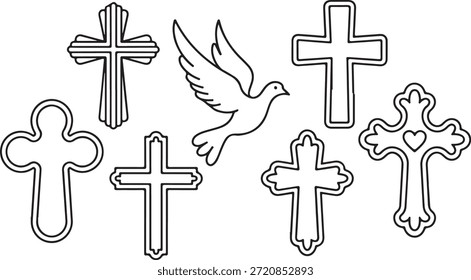Eine Sammlung von einfachen Schwarz-Weiß-Linien-Illustrationen verschiedener christlicher Kreuze und ein Taubensymbol.