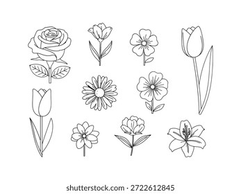 Coleção de ícones simples de arte de linha preta e branca com várias flores e flores de jardim