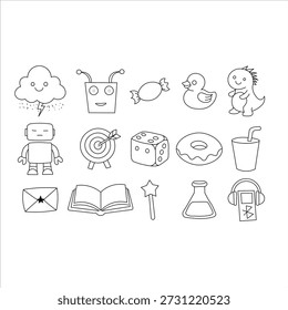 A collection of simple black and white line art icons featuring various objects, characters, and symbols like a cloud, robot, duck, donut, book, and science flask.