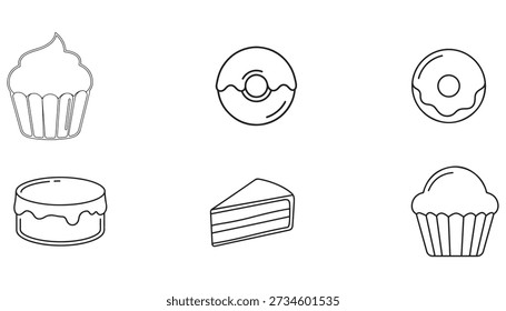 Una colección de simples iconos de líneas blancas y negras que representan varios productos horneados, incluidos cupcakes, donas, una rebanada de pastel y un pastel redondo.