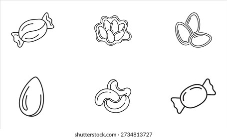 A collection of simple black and white line art icons depicting various nuts, including almonds and cashews, alongside two wrapped candies, presented on a clean white background.