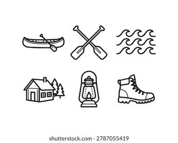 A collection of simple black and white line art icons representing outdoor activities and necessities.