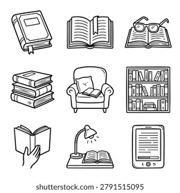 A collection of simple black and white line drawings depicting various books, a bookshelf, an armchair with a book, a reading lamp, and an e-reader.