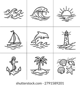 A collection of simple black and white line art icons depicting nautical and beach themes.