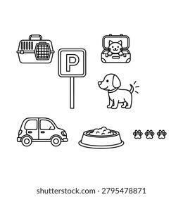 A collection of simple black and white line icons illustrating pet care, travel, and related objects such as a car, dog, cat, carrier, food bowl, parking sign, and paw prints.
