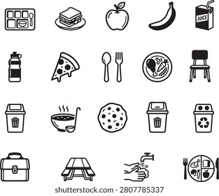 Collection of simple black and white line icons featuring school cafeteria items lunch trays sandwiches fruits drinks and waste disposal bins isolated on white background.