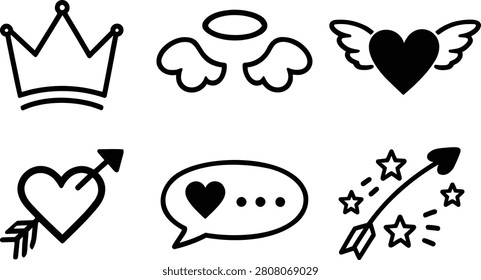 A collection of simple black and white line art icons featuring a crown, angel wings, a winged heart, a heart pierced by an arrow, a speech bubble, and stars.