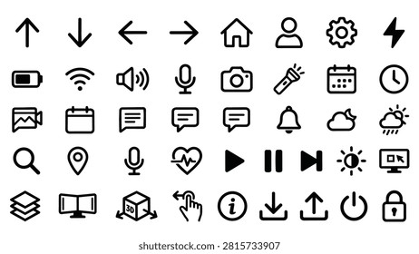 A collection of simple, black and white line icons representing various digital functions and common symbols. Includes navigation arrows, settings, battery, Wi-Fi, sound, microphone, camera, and more.