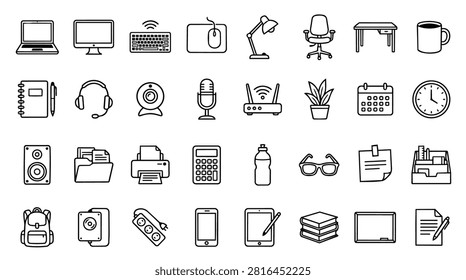 A collection of simple, black and white line art icons depicting various office and home office supplies and equipment. The icons are arranged in a grid format, showcasing items like laptops, monitors, keyboards, mice, desks, chairs, lamps, coffee mugs, notebooks, headphones, webcams, microphones, routers, plants, calendars, clocks, speakers, file folders, printers, calculators, water bottles, glasses, sticky notes, pencil holders, backpacks, power strips, smartphones, tablets, books, whiteboards, and documents with pens.